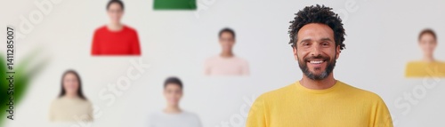 Obraz na płótnie Global Collaboration and Diversity in an Interconnected World, Smiling man in a yellow sweater with blurred faces in the background, showcasing a diverse group. w salonie