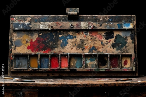 A well-worn, vintage artist's paintbox sits on a rustic wooden table, showcasing years of creative expression through vibrant paint splatters and residue.