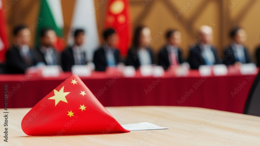 Global Collaboration and Diversity in an Interconnected World, A Chinese flag sits on a table at a formal event with attendees in suits blurred in the background.