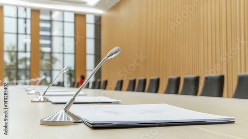 Obraz na płótnie Global Collaboration and Diversity in an Interconnected World, Modern conference room with a long table, microphones, and large windows for natural light. w salonie