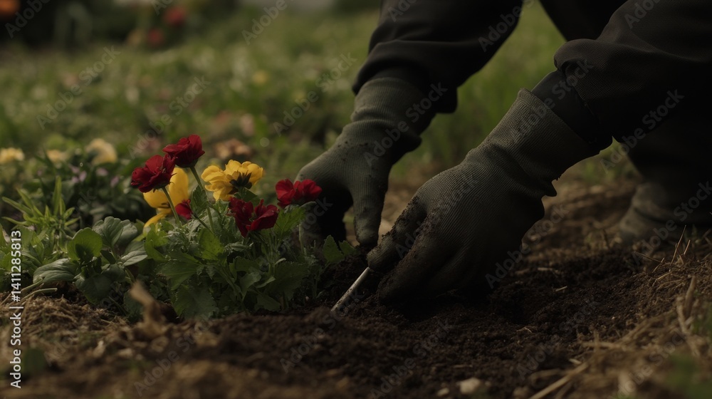 Fototapeta premium A gardener planting flowers in a garden. Featuring care and horticultural expertise