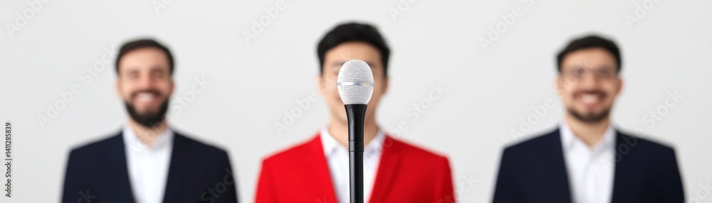 Global Collaboration and Diversity in an Interconnected World, Three men stand together, one in red, with a microphone obscuring the face of the central figure.
