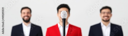 Obraz na płótnie Global Collaboration and Diversity in an Interconnected World, Three men stand together, one in red, with a microphone obscuring the face of the central figure. w salonie
