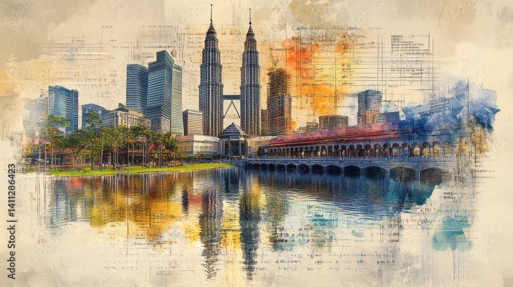Obraz premium Watercolor painting showcases kuala lumpur cityscape reflection in water