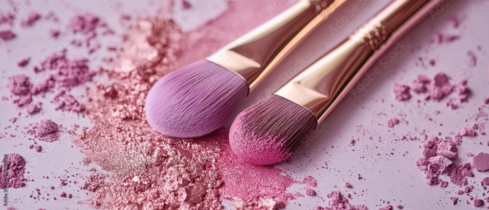 Close-up of makeup brushes beside vibrant pink powder, showcasing beauty tools and artistry.