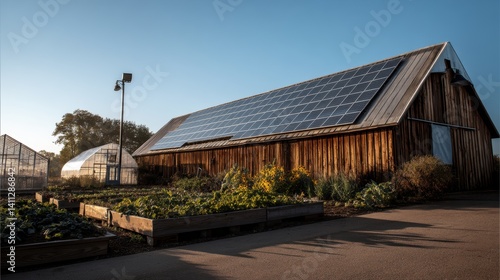 Wallpaper Mural Scenic farm featuring a rustic barn house adorned with solar panels greenhouse under clear sky Torontodigital.ca