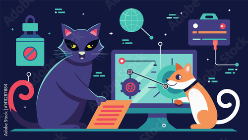 A virtual game of cat and mouse where hackers try to break through layers of intricate encryption techniques to decrypt valuable data.. Vector illustration
