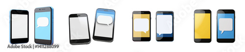 smartphone mockups with speech bubbles, isolated on white background.