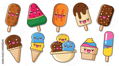 Set of cute kawaii ice cream cartoon vector illustration