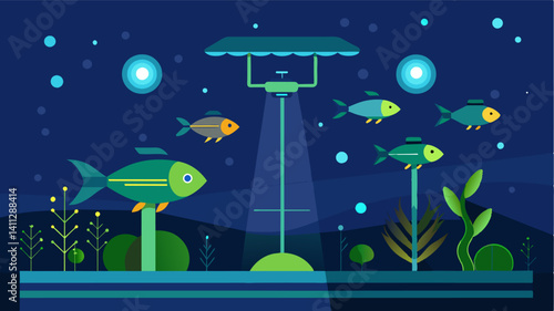 Intelligent lighting systems mimic natural daynight cycles to regulate algae growth and provide the right conditions for different species of fish.. Vector illustration