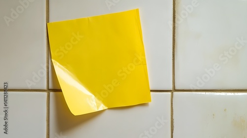 Yellow Sticky Note on White Tile Wall Background