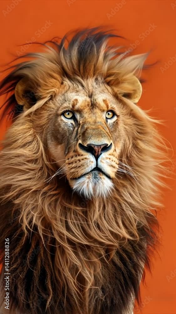 Lion with beautiful mane waving in the wind on solid orange background. African wild animal, wildlife concept Lion with beautiful mane waving in the wind on solid orange background. African wild animal, wildlife concept