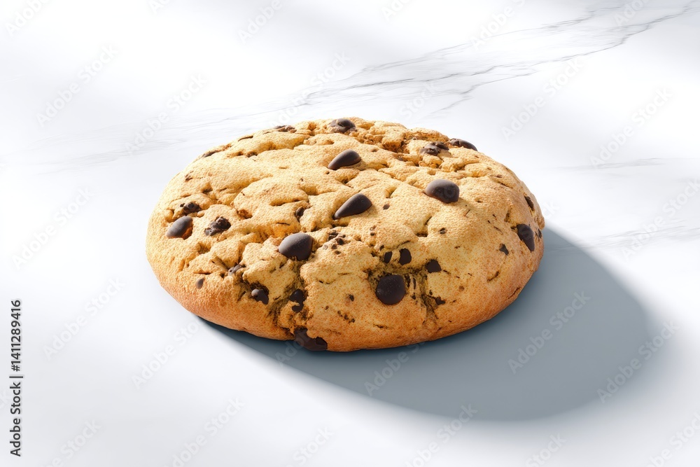 Round chocolate chip cookie on marble surface. Round chocolate chip cookie on marble surface.