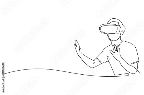 Continuous one line drawing of Young Man use VR glasses. Single line drawing illustration of Man with VR headset. Technology concept vector art. Doodle line illustration.