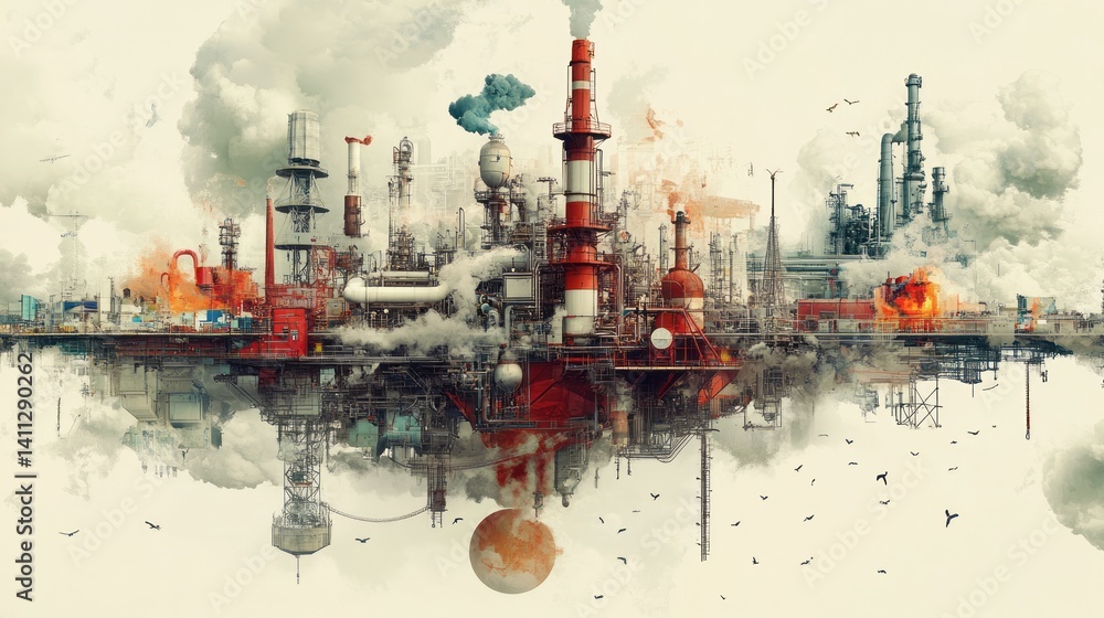 Obraz premium An industrial complex and factory are depicted in dreamlike style