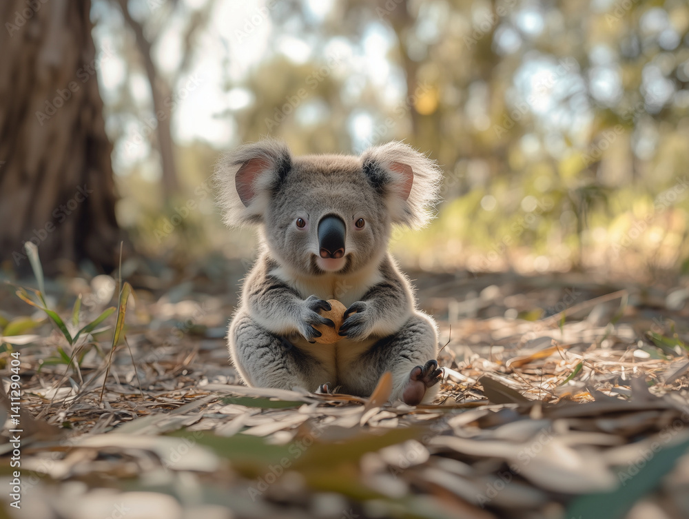 Obraz premium Adorable baby koala sitting on forest floor with eucalyptus leaves, realistic wildlife photography 숲속 바닥에 앉아 유칼립투스 잎을 들고 있는 귀여운 아기 코알라, 사실적인 야생 동물 사진