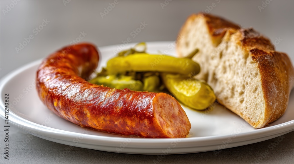 Delicious Kielbasa Sausage with Pickles and Bread Appetizing Still Life High Angle Shot Delicious Kielbasa Sausage with Pickles and Bread Appetizing Still Life High Angle Shot
