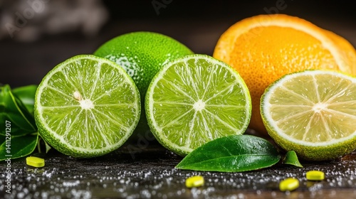 Close-up view of vibrant green limes, orange section, and green leaves on dark background with scattered yellow pills creating an intriguing composition