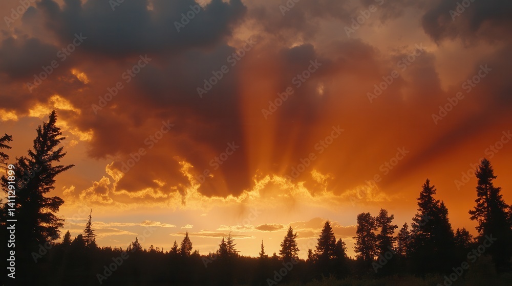 Fototapeta premium Dramatic sunset through clouds over a forest