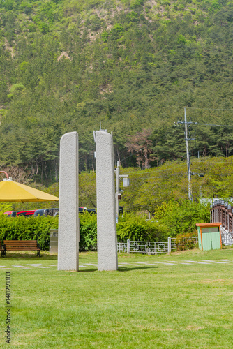 Concrete flagpole support stands used in ancient times to hold up flagpoles. Located in Gyeongju city, South Korea.