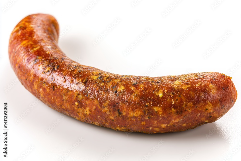 Juicy savory kielbasa link on pristine white backdrop capturing culinary artistry and delicious taste appeal for gourmand enjoyment Juicy savory kielbasa link on pristine white backdrop capturing culinary artistry and delicious taste appeal for gourmand enjoyment