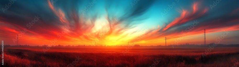 Fototapeta premium Sunrise over field, vibrant colors