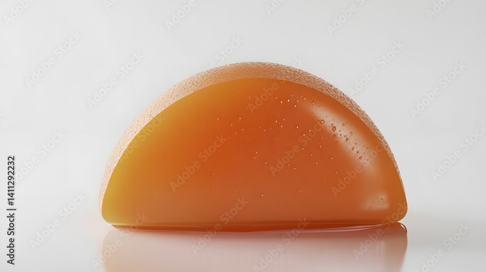 Close-up of a translucent, orange half-circle shape, possibly a piece of jelly or a similar substance. It has a slightly textured surface and reflects light. Close-up of a translucent, orange half-circle shape, possibly a piece of jelly or a similar substance. It has a slightly textured surface and reflects light.