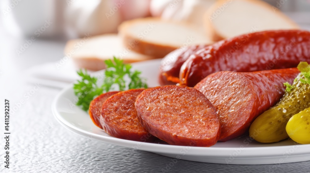 Fresh and Delicious Sausage Slices with Bread and Pickle on White Plate in Studio Setting Close up Shot
