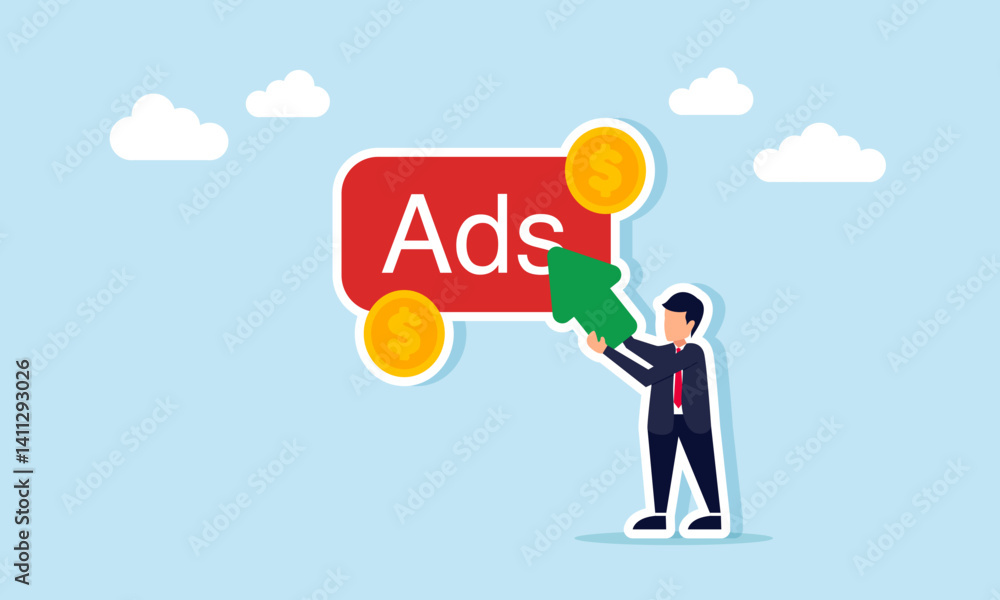 Businessman carries a cursor to click on the ADS button surrounded by dollar coins, illustration of ad monetization digitally and online Businessman carries a cursor to click on the ADS button surrounded by dollar coins, illustration of ad monetization digitally and online