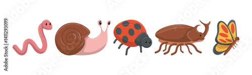 A collection of cartoon-style insects including a worm, snail, ladybug, beetle, and butterfly. Ideal for children's books or educational resources.