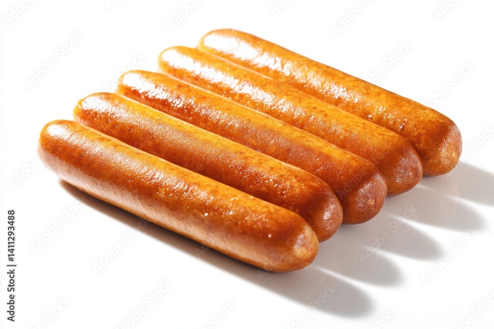 Row of Golden Brown Sausages Cooked to Perfection Displayed on White Backdrop High Angle Studio Shot