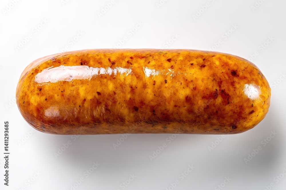 A close up capture of a tasty and grilled bratwurst sausage on a white background in high definition A close up capture of a tasty and grilled bratwurst sausage on a white background in high definition