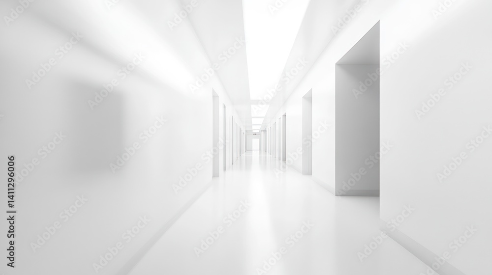Fototapeta premium A blurred hospital corridor with white walls, bright diffused lighting, and a spotless floor, evoking a clean, sterile medical environment.
