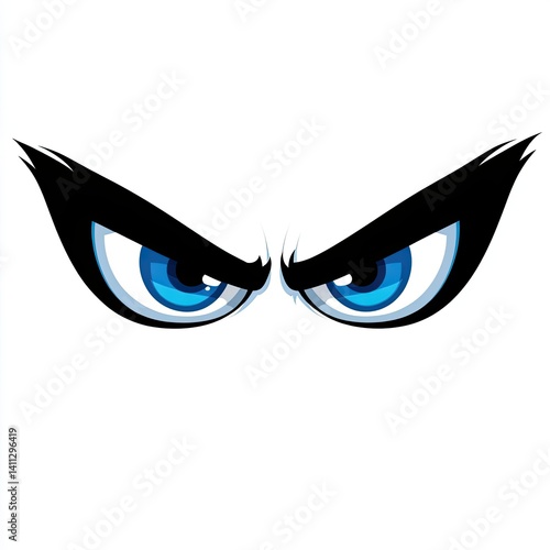 Angry Blue Eyes Cartoon Vector Illustration, Vector illustration of intense, angry cartoon eyes with sharp black outlines and piercing blue irises on a white background.

