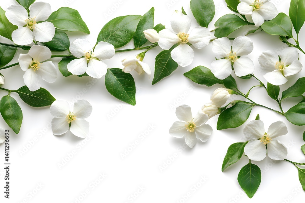 Obraz premium White jasmine flowers and green leaves isolated on white background, fresh spring botanical composition