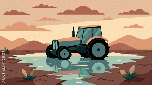 An abandoned tractor coated in layers of dust rests in the cracked mud bed of the pond symbolizing the abandonment of this once fertile land.. Vector illustration