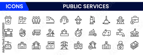 Public Services, service. Set of line icons in linear style. Electricity, water supply, gas supply, drainage, garbage removal, major repairs, heating, cold, hot water. Outline conceptual pictogram