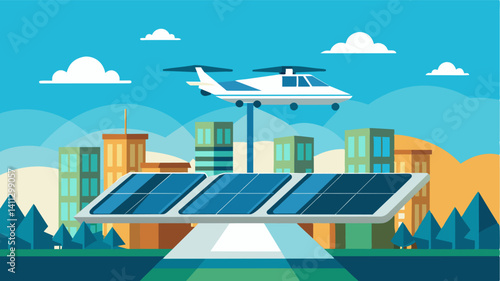 High above the rooftops a futuristic structure glimmers in the sunlight a solarpowered charging station for ecofriendly air taxis.. Vector illustration