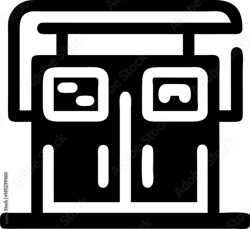 This shows simple black and white icon of storefront with flat roof and two large windows. design is minimalistic and represents generic shop or store.storefront icon with flat roof and large