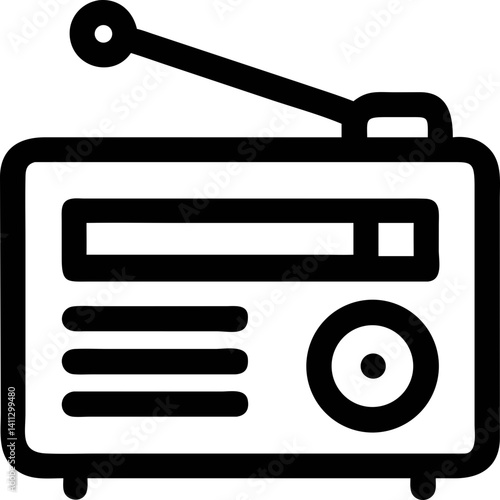 simple black and white icon of vintage radio with antenna, featuring rectangular body, circular dial, and horizontal lines representing speakers