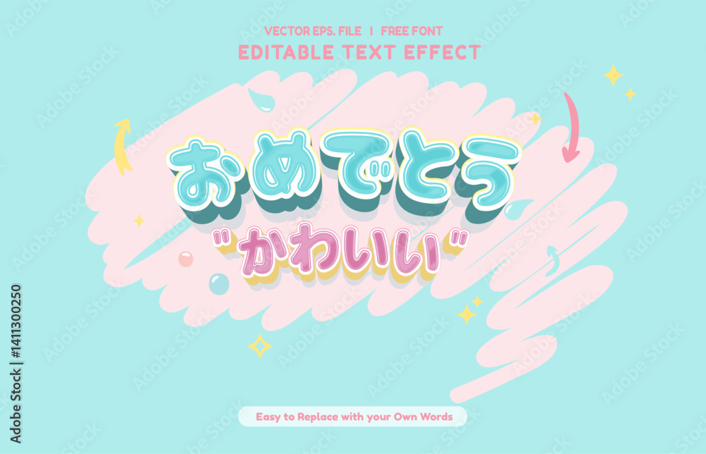 Naklejka premium Editable text effect Japanese Kawaii Congrats promotion template 3d cartoon template. Thank You text effect in Japan Language Print 