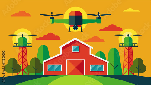 Drones equipped with thermal imaging technology to detect energy leaks in farm buildings and equipment.. Vector illustration