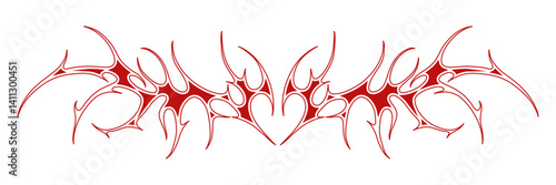 Y2k gothic graphic hand drawn red heart with outline wings. Neo tribal tattoo element. Aesthetic of 90s, 2000s. Vector illustration for sticker, poster, collage, design template.