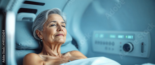 Senior woman relaxing during hyperbaric oxygen therapy session