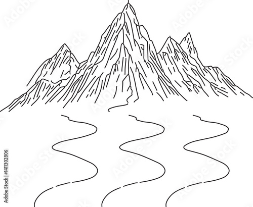 Mountain Range Line Art: Majestic Peaks, Winding River, Minimalist Landscape Drawing, Black and White Illustration, Nature Scene