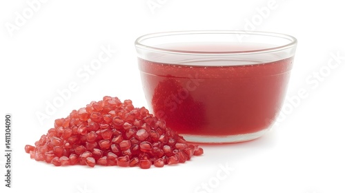 A glass bowl filled with pomegranate juice sits next to a pile of fresh pomegranate seeds. The vibrant red color is striking against the white background.