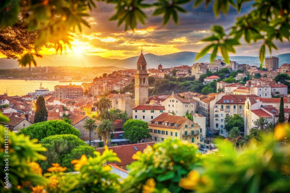 Fototapeta premium Coastal Cityscape at Sunset