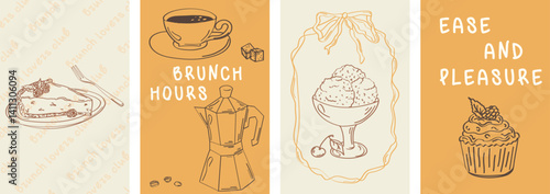 Doodle style vector poster set. Brunch cafe illustration, easy and fun. Retro style poster sketch for cafe, restaurant.