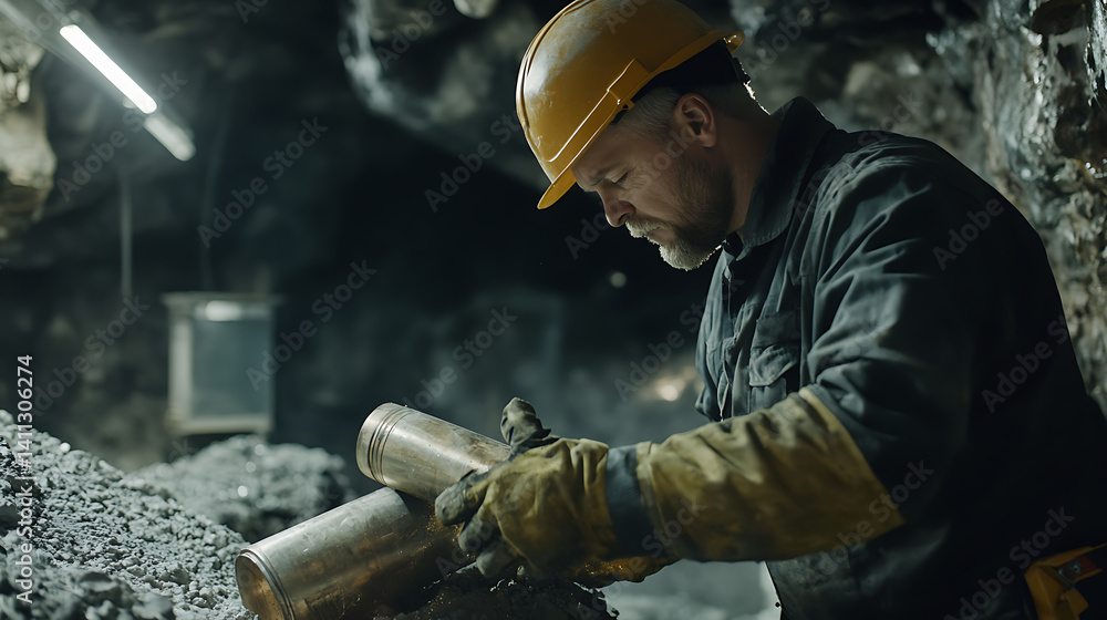 Miner preparing explosives for controlled blasting at an underground mine. Featuring blasting preparation and mining safety Miner preparing explosives for controlled blasting at an underground mine. Featuring blasting preparation and mining safety