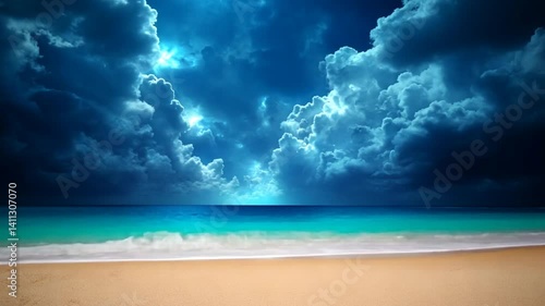 Dramatic seascape with stormy clouds over a tranquil beach, showcasing nature's beauty and contrast